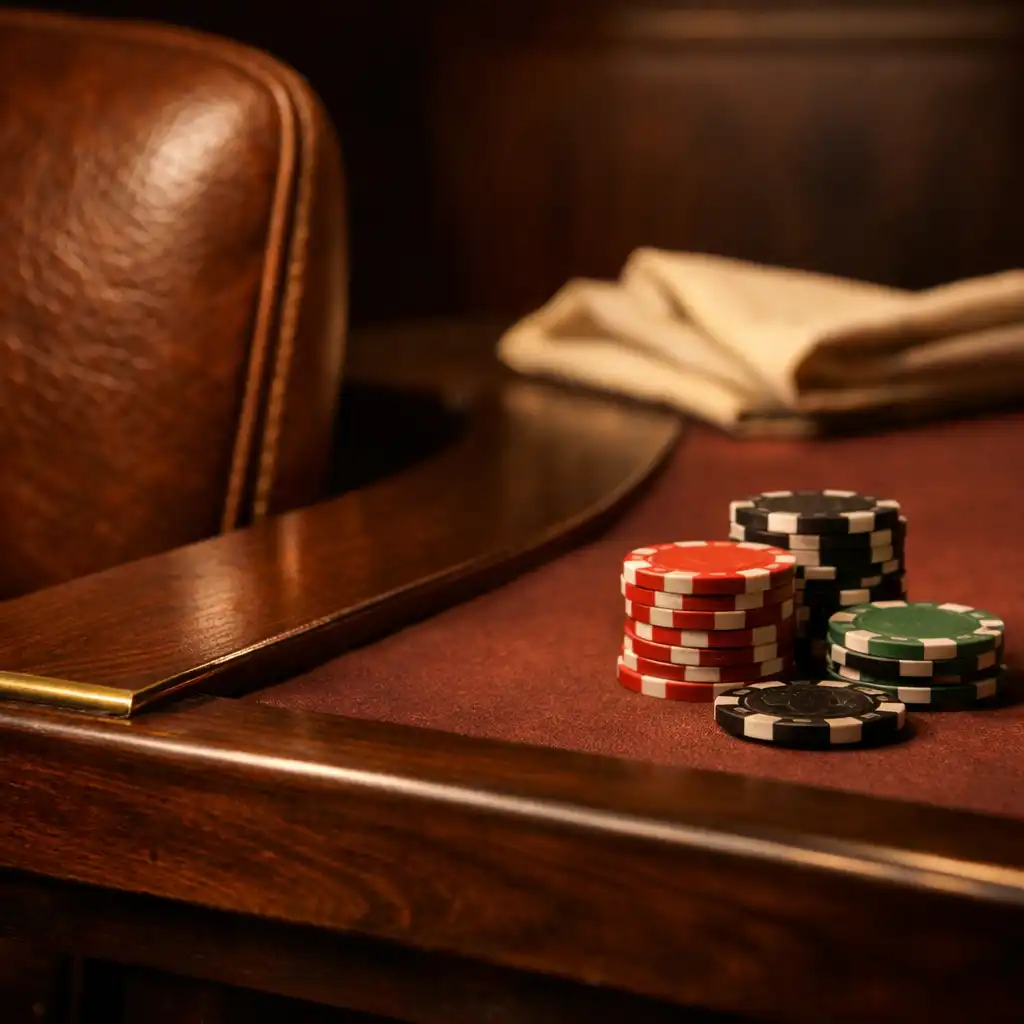 Detail ořechové hrany stolu, koženého sezení a chips v Card Lounge