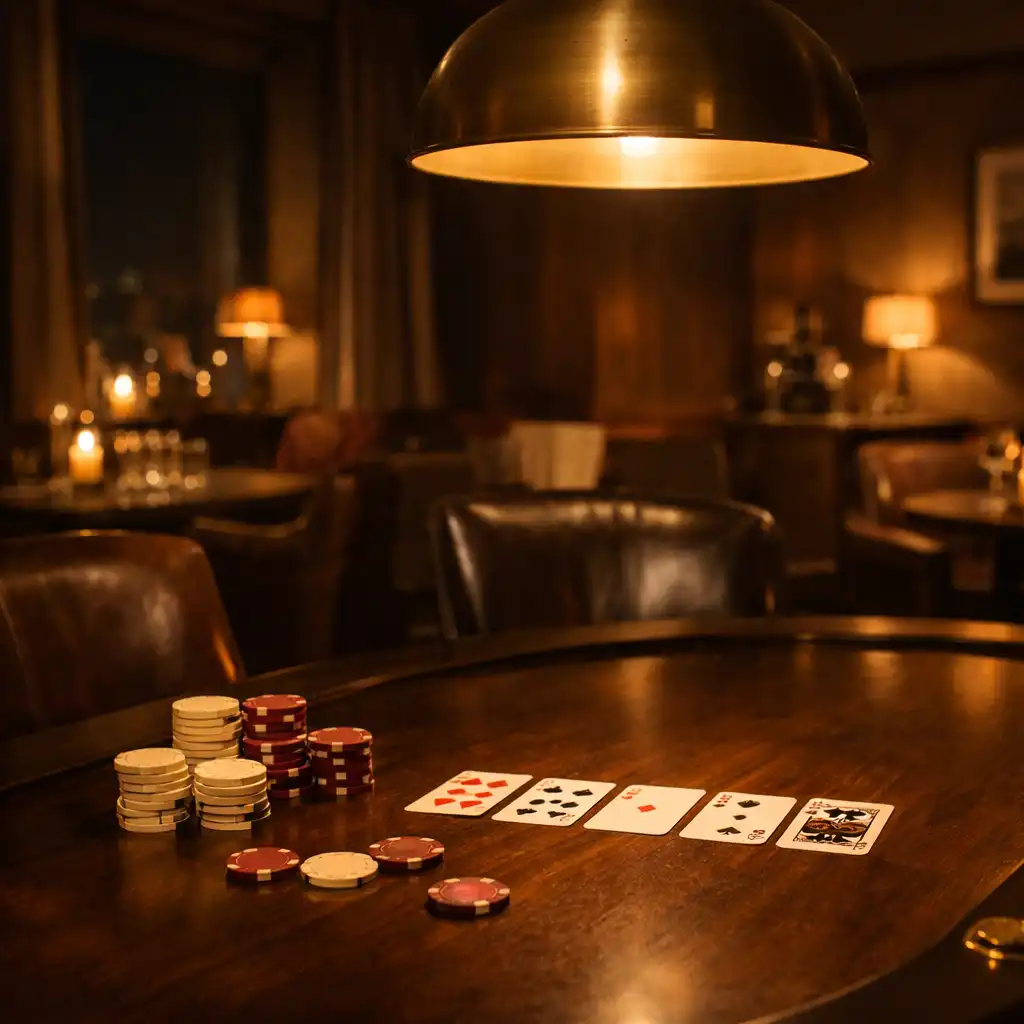Teplě nasvícený pokerový stůl s kartami a chips v intimním card roomu