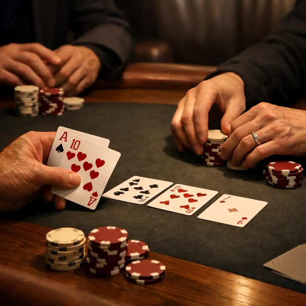 Ruce u pokerového stolu s kartami a burgundskými a krémovými chips