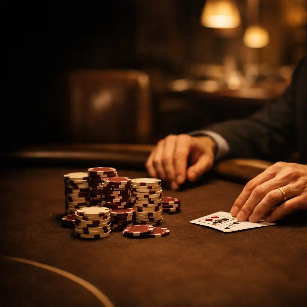 Ruce u fyzického pokerového stolu s kartami a chips v intimním Card Lounge