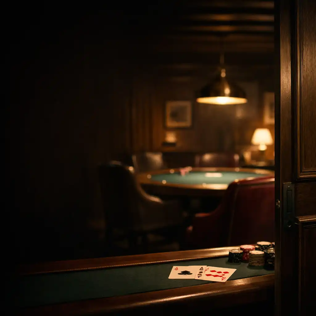 Pohled do tlumeně osvětleného Card Lounge s pokerovým stolem v pozadí