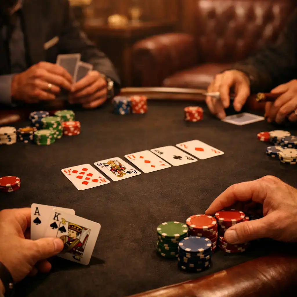 Ruce u fyzického Texas Hold’em stolu s kartami a chips v intimním Card Lounge