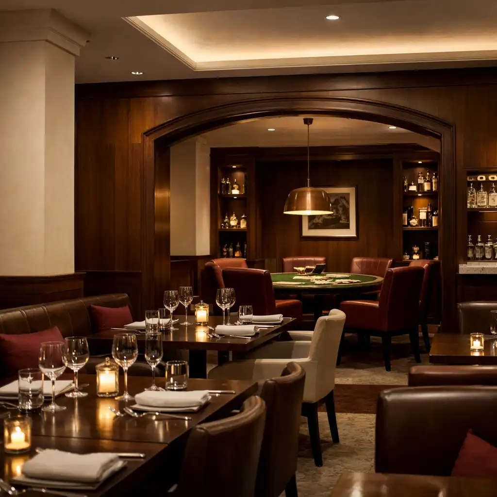 Široký večerní pohled propojující restauraci a intimní Card Lounge v Chutové Pohodě