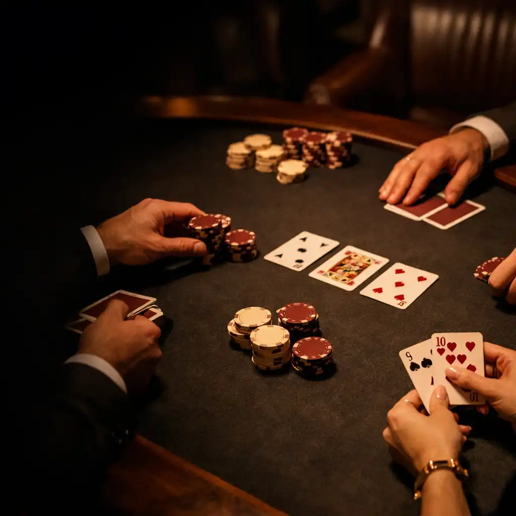 Ruce u fyzického pokerového stolu s kartami a burgundskými chips v intimním lounge