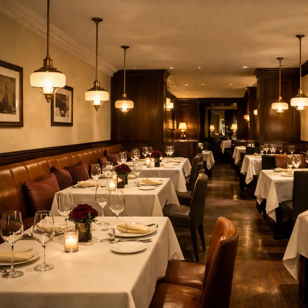 Večerní interiér restaurace s krémovými stoly, tmavým ořechem a teplým osvětlením