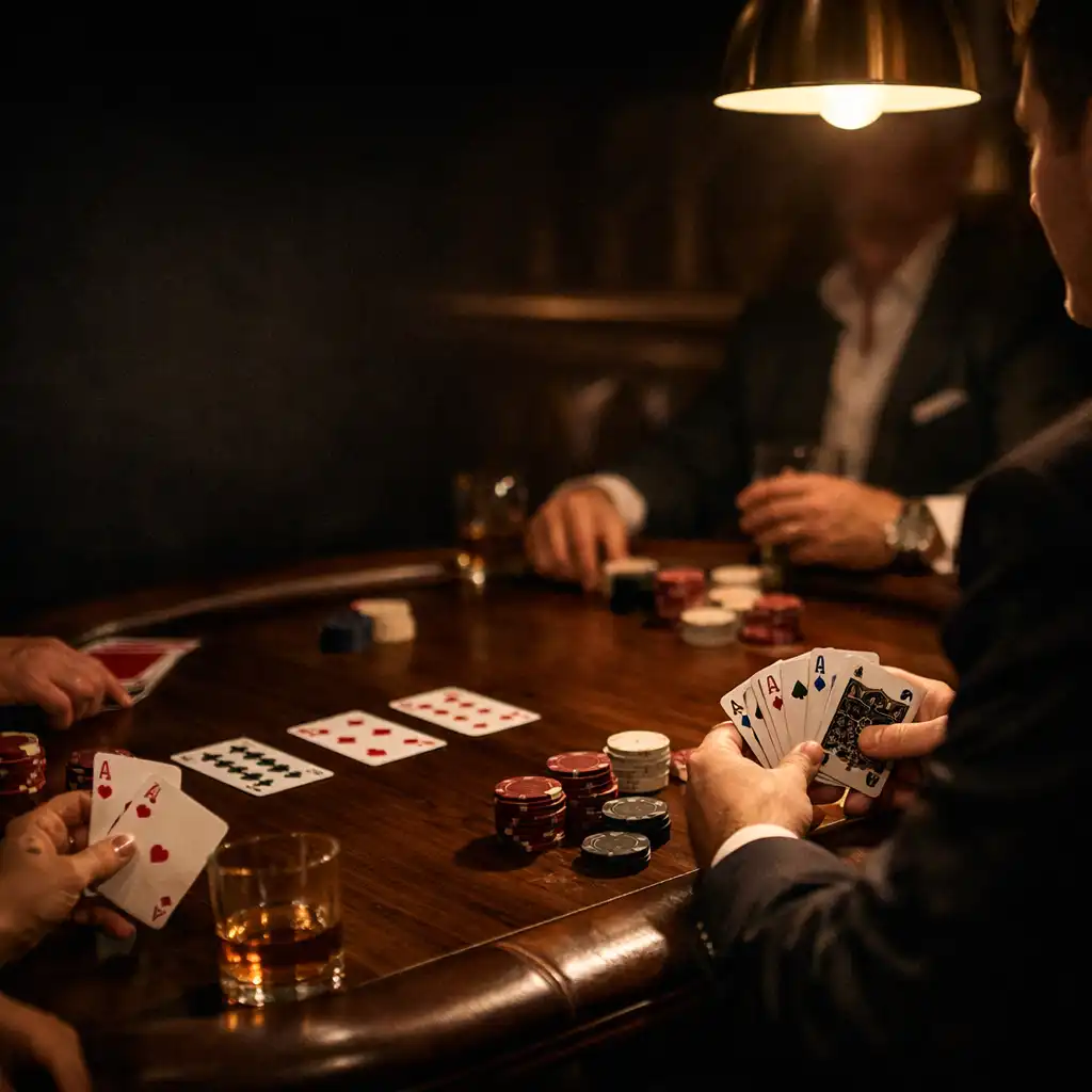 Ruce hostů u tmavého pokerového stolu s kartami a chips v teplém světle