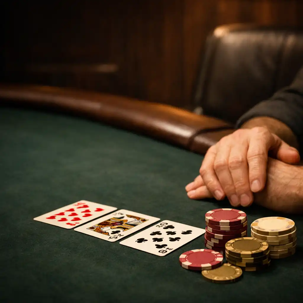 Detail rukou, karet a chips na pokerovém stole v card roomu
