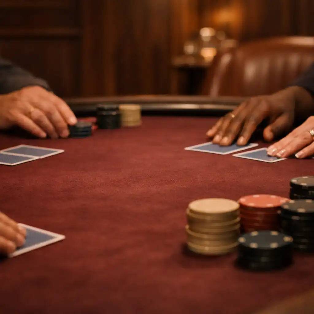 Ruce hostů, fyzické karty a chips na burgundském stole v Card Lounge