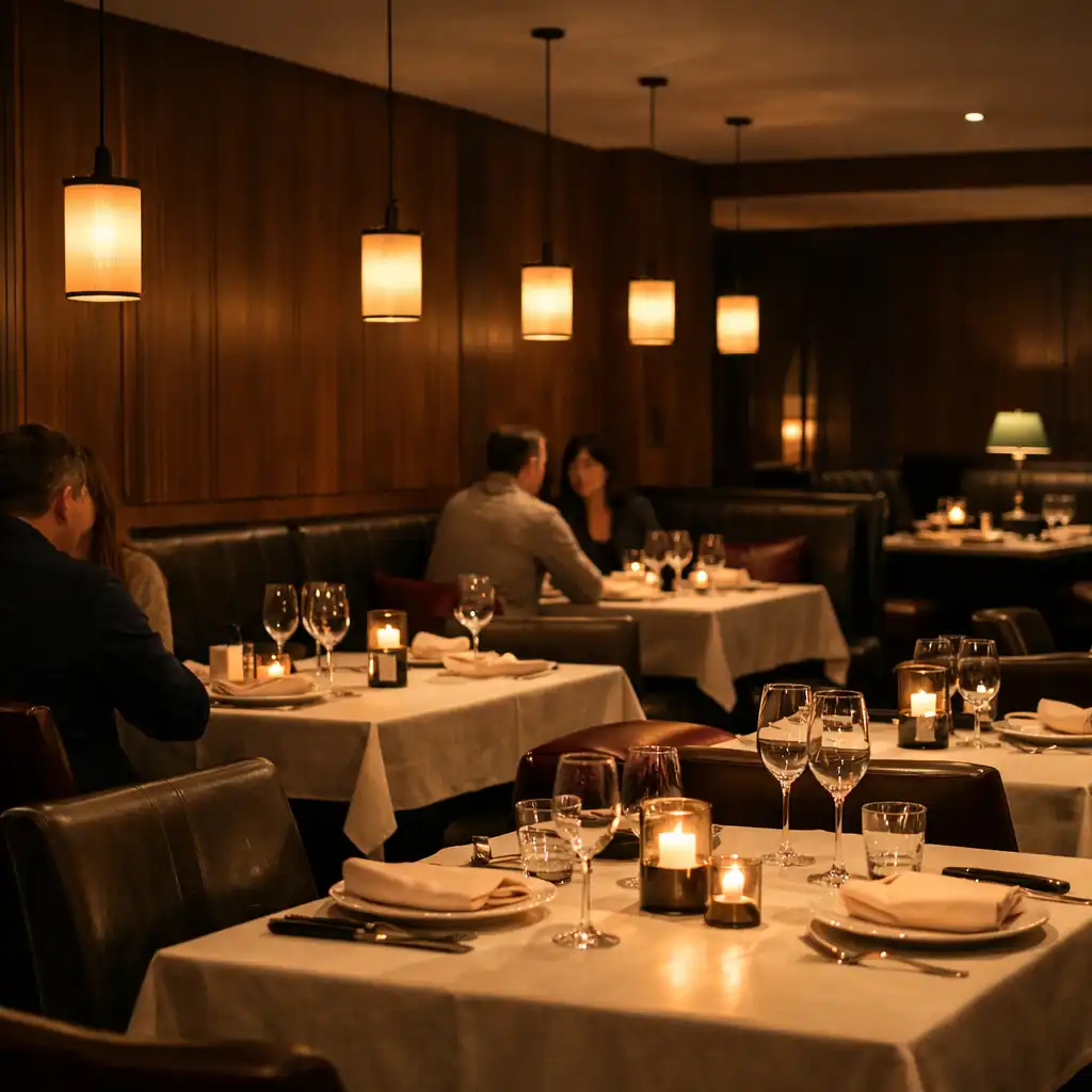 Večerní interiér restaurace s krémovým stolováním, koženým sezením a tmavým ořechem