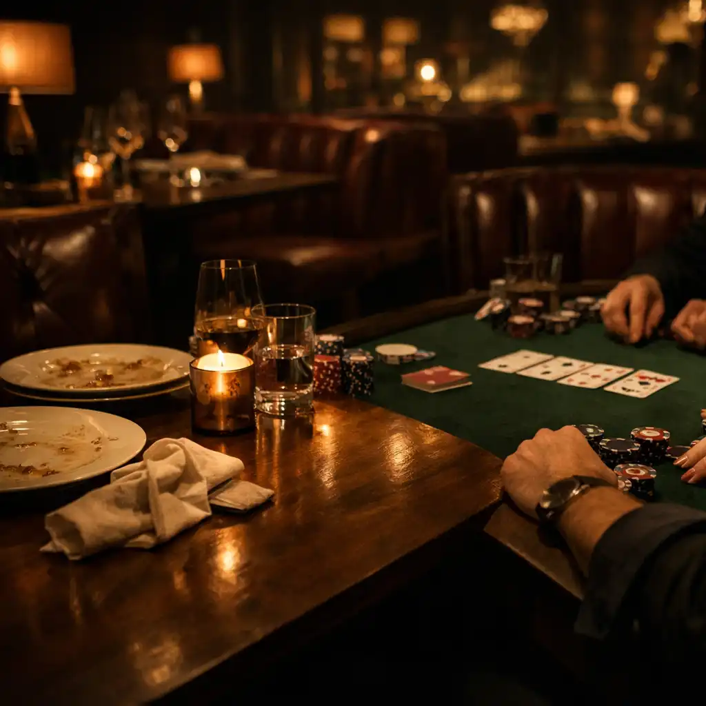 Pozdní večer u společného stolu s kartami a chips v Card Lounge