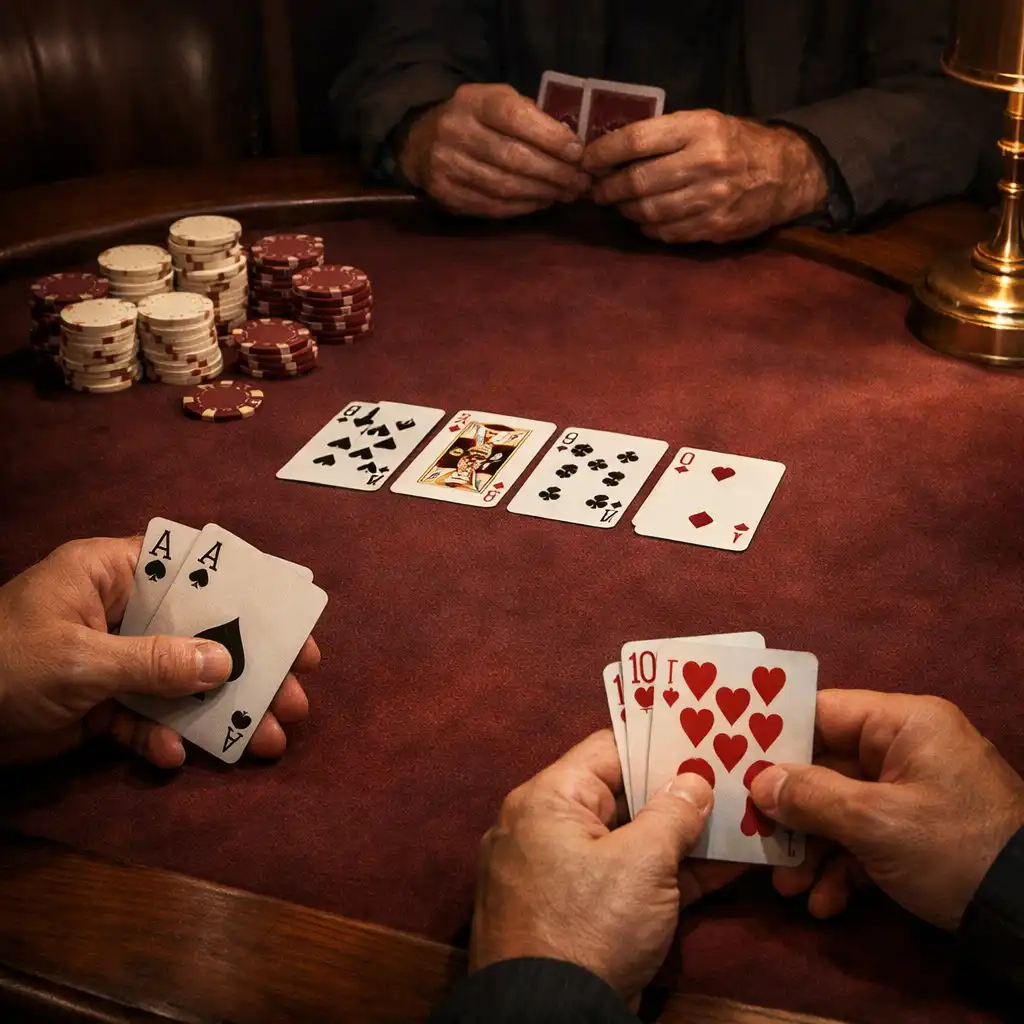 Ruce u offline Texas Hold’em stolu s kartami a burgundskými a krémovými chips