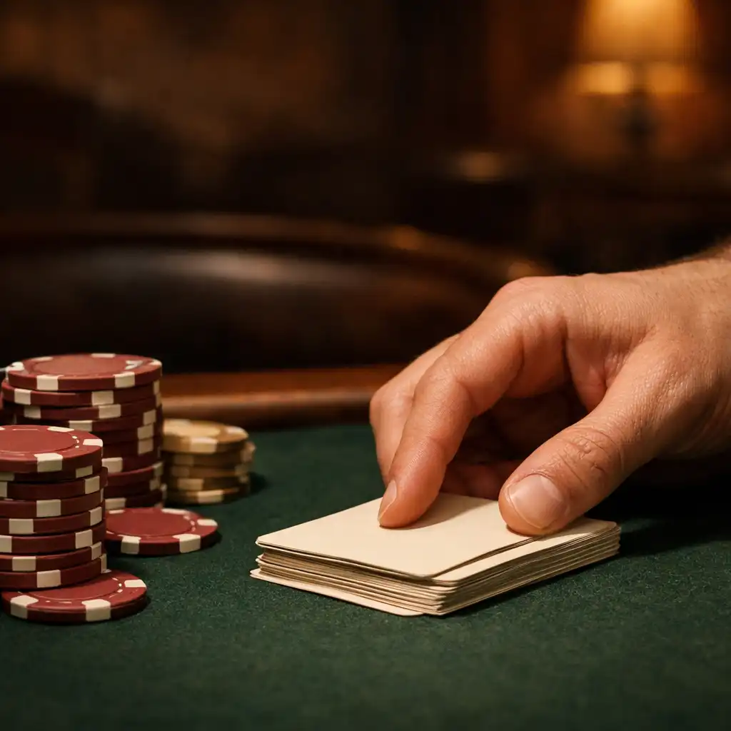 Ruka skládající fyzické karty vedle chips na tmavém pokerovém stole