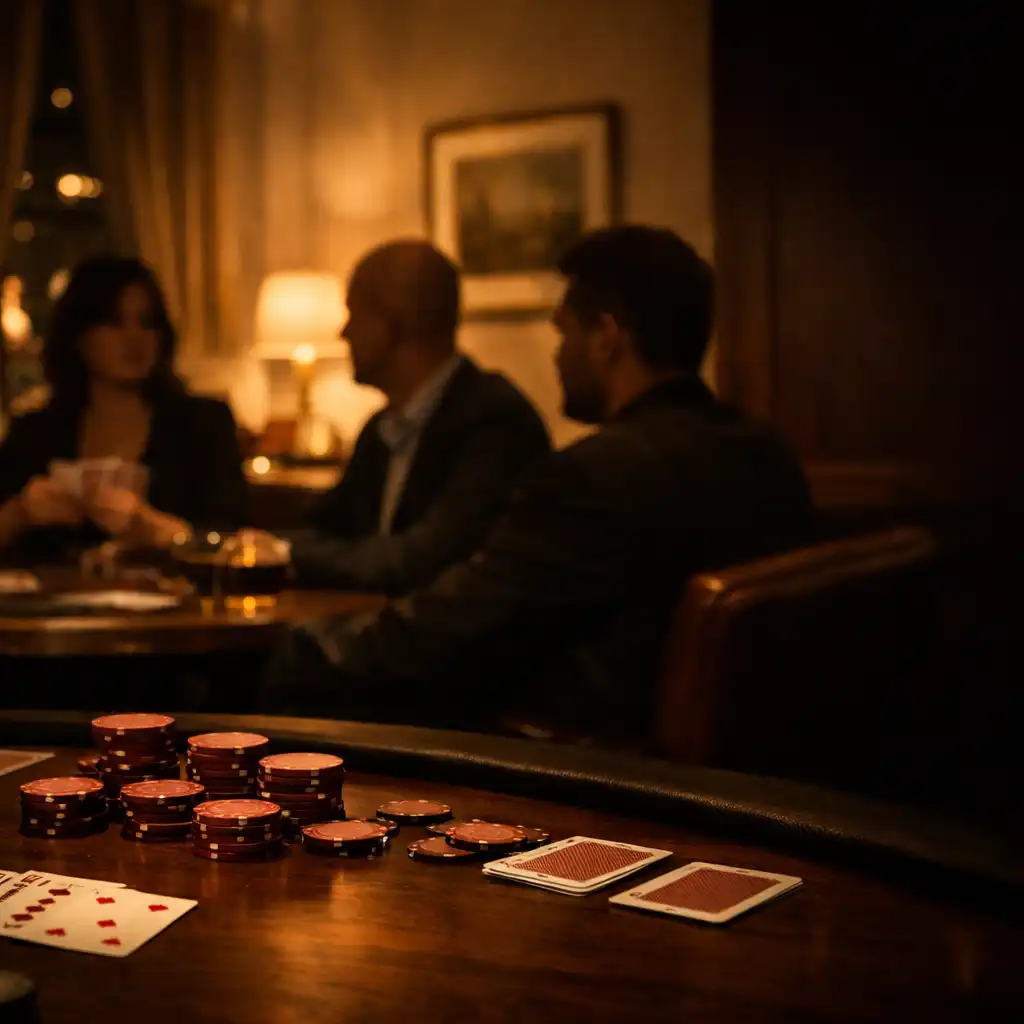 Tlumeně osvětlený pokerový stůl při večerním setkání v Card Lounge
